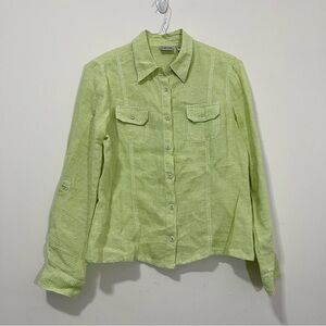 Chico's Lime Green Gingham 100% Linen Roll Tab Long Sleeve Button-up Sz 1 M Y2K